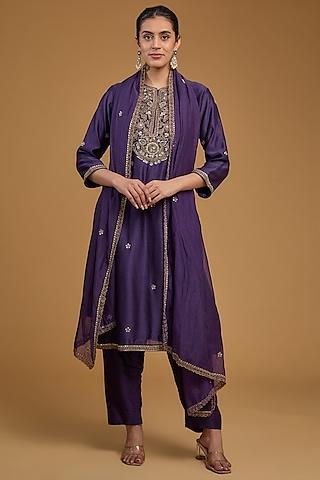 dark purple chanderi silk sequins embroidered kurta set