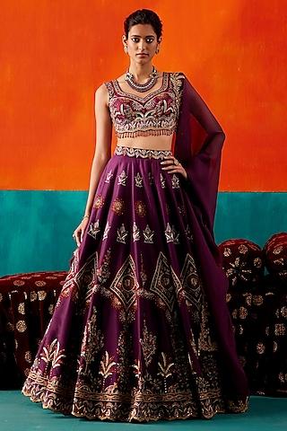 dark purple dupion silk & organza floral embroidered lehenga set