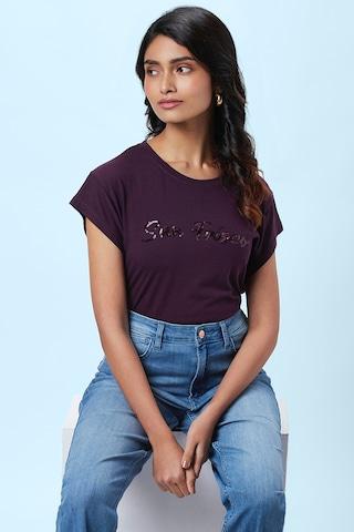 dark purple embellished casual short sleeves round neck women regular fit t-shirt
