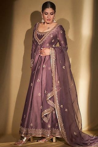 dark purple embroidered anarkali set