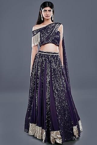 dark purple embroidered box-pleated lehenga set