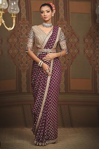 dark purple georgette gota & badla embroidered saree set