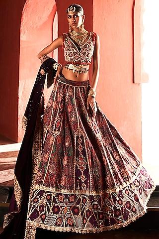 dark purple jamawar silk applique embroidered lehenga set