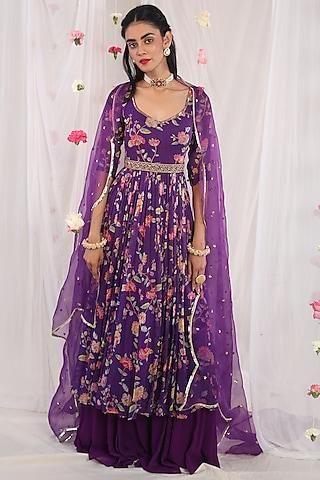 dark purple printed anarkali set