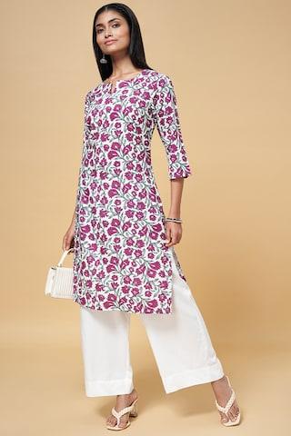 dark purple printed ethnic rounded v-neck 3/4th sleeves calf-length women regular fit kurta pant set