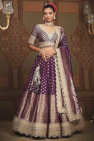 dark purple red banarasi machine embroidered lehenga set