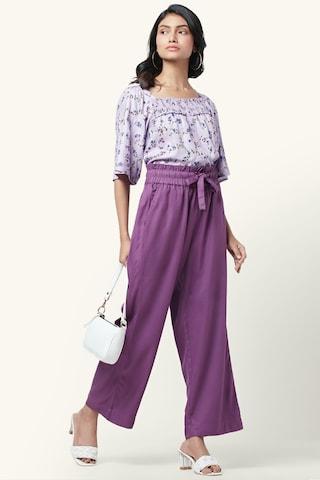 dark purple solid ankle-length high rise casual women comfort fit trousers