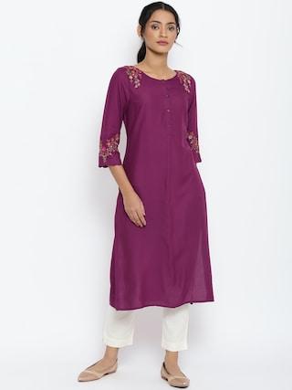 dark purple solid ethnic round neck 3/4th sleeves women regular fit kurta