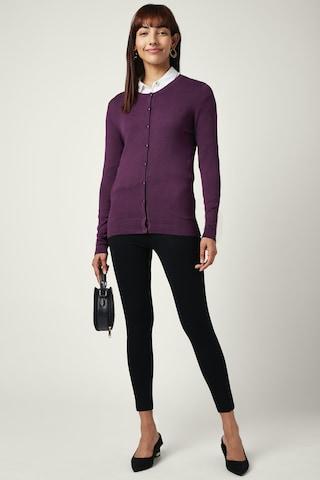 dark purple solid formal full sleeves round neck women slim fit cardigan