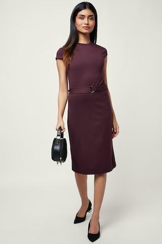 dark purple solid round neck formal knee length cap sleeves women regular fit dress