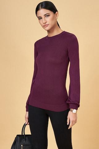 dark purple textured formal full sleeves crew neck women regular fit top