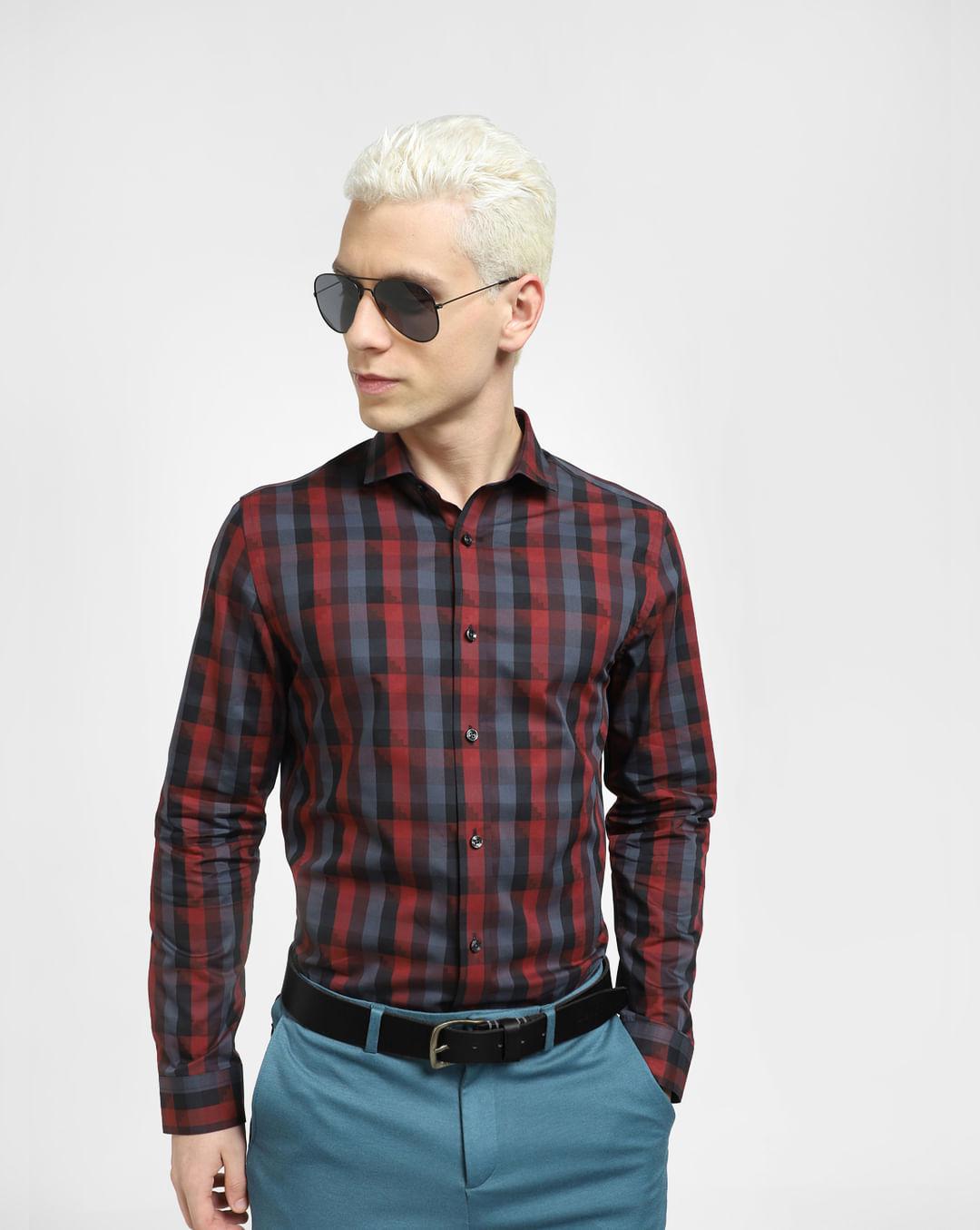 dark red check full sleeves shirt