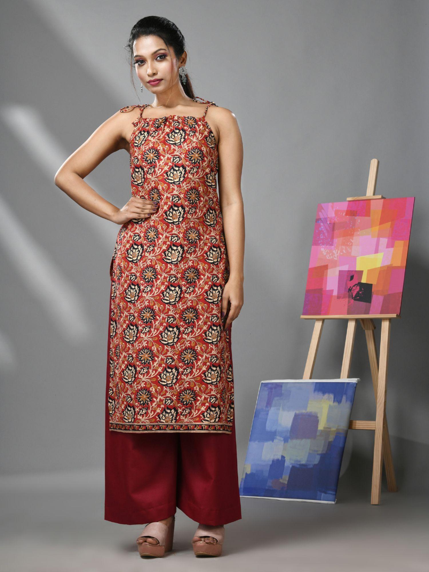 dark red cotton floral printed kurta with noodle straps