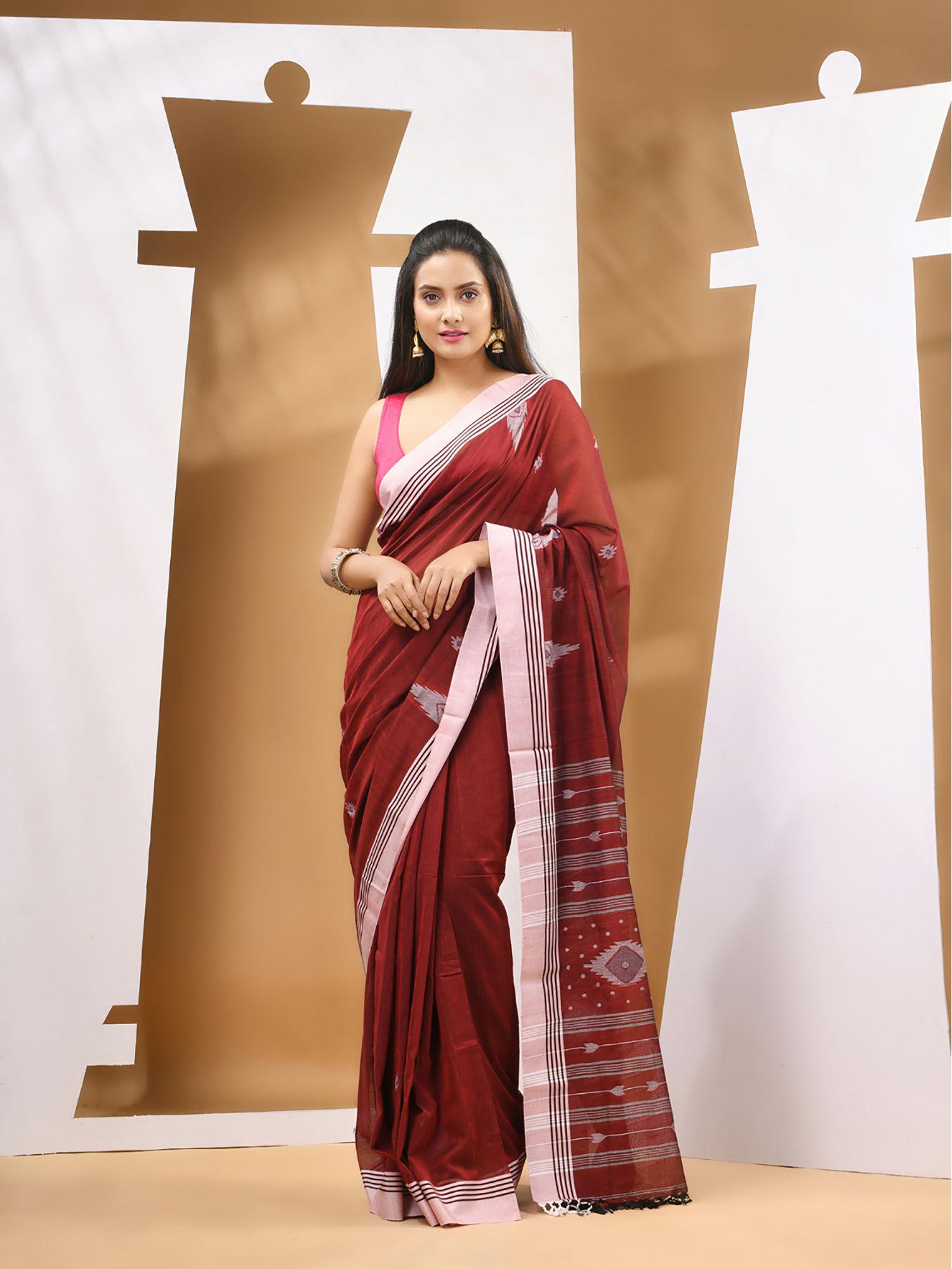 dark red cotton handloom woven saree with unstitched blouse