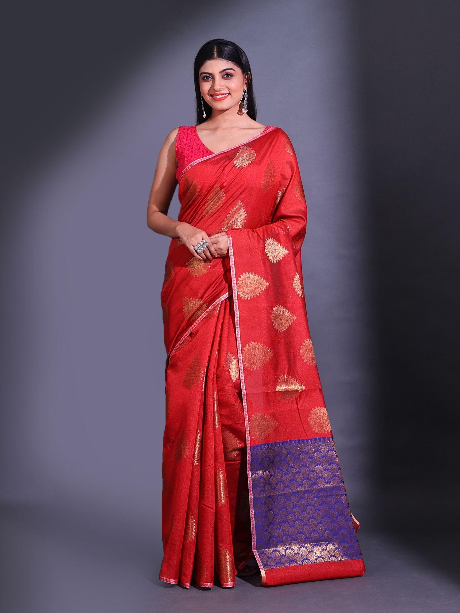 dark red cotton handwoven damask motifs and texture pallu saree with unstitched blouse