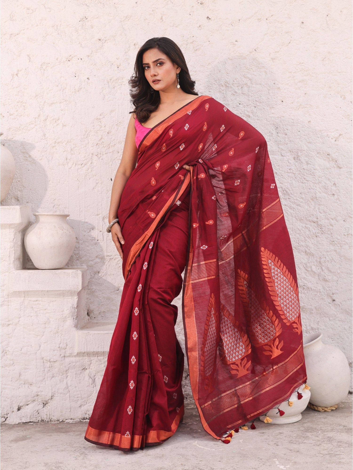 dark red cotton zari border woven designs saree with unstitched blouse