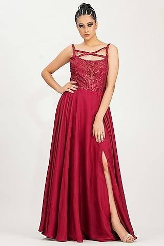 dark red embroidered gown