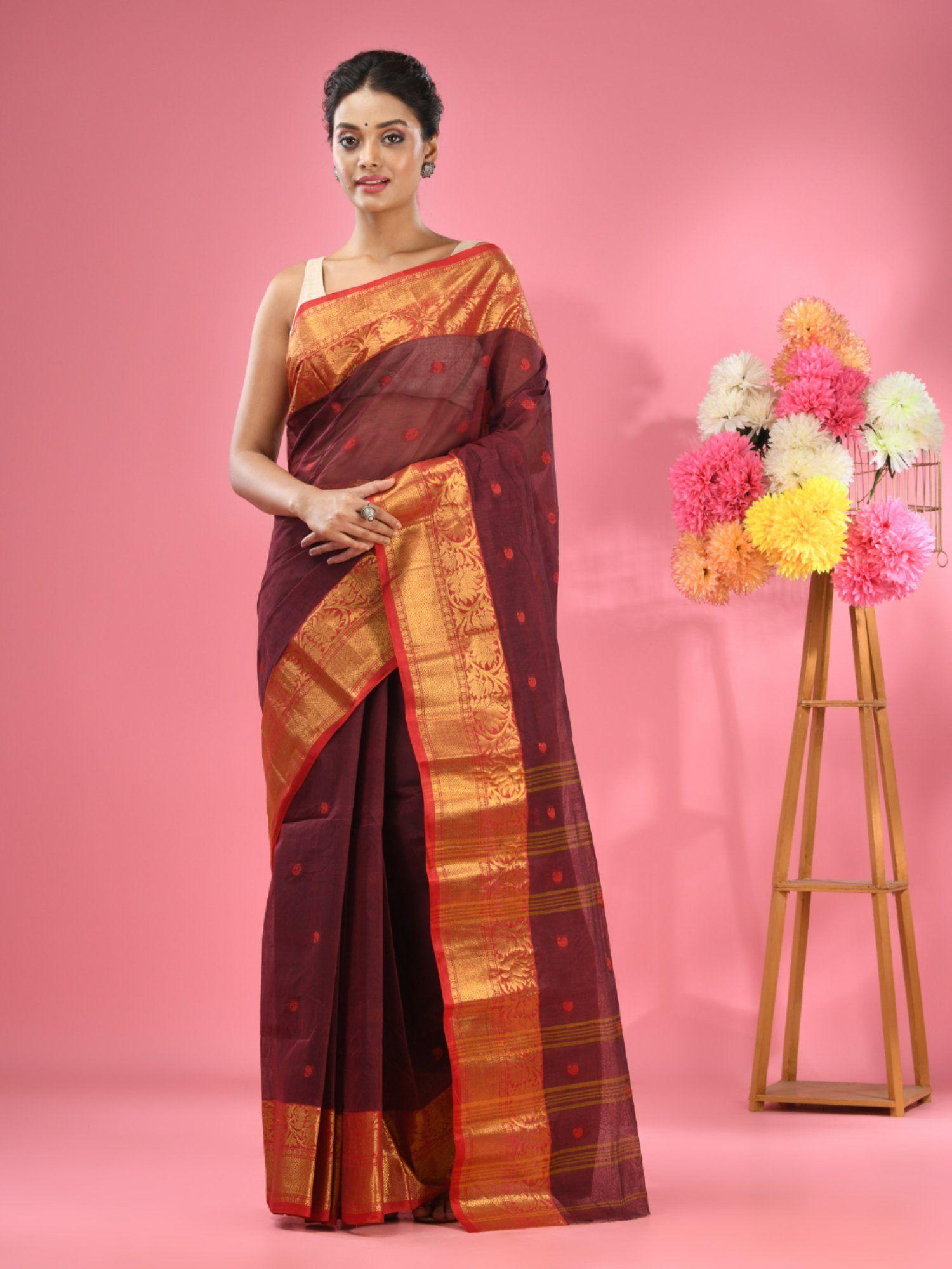 dark red pure cotton tant zari border saree without blouse