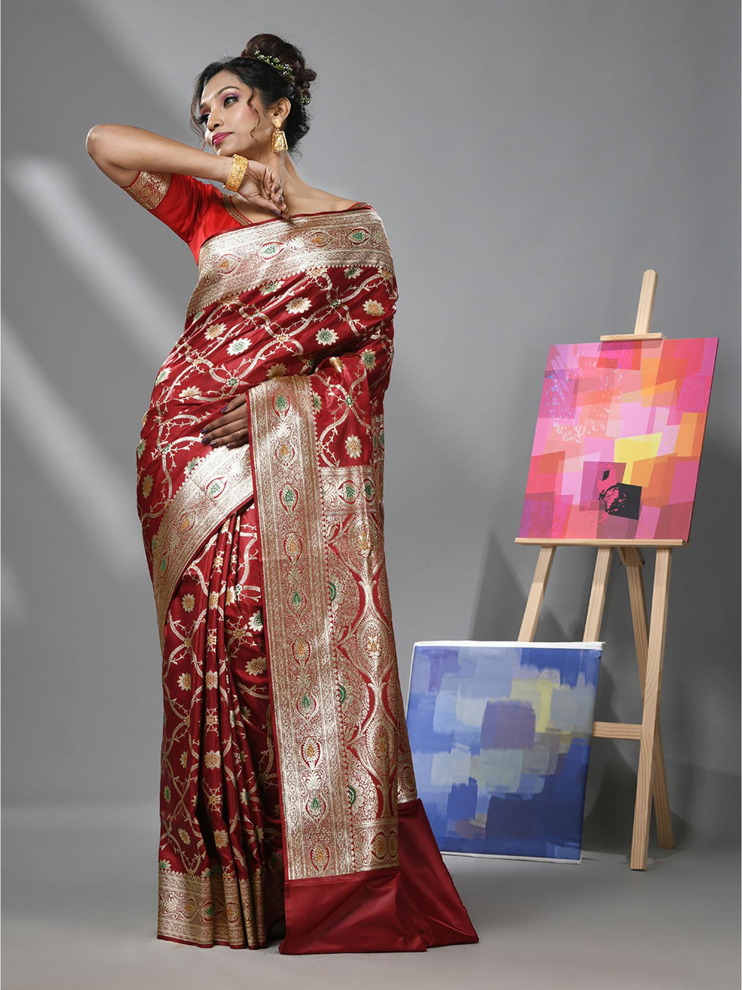 dark red silk banarasi saree with meenakari designs & unstitched blouse