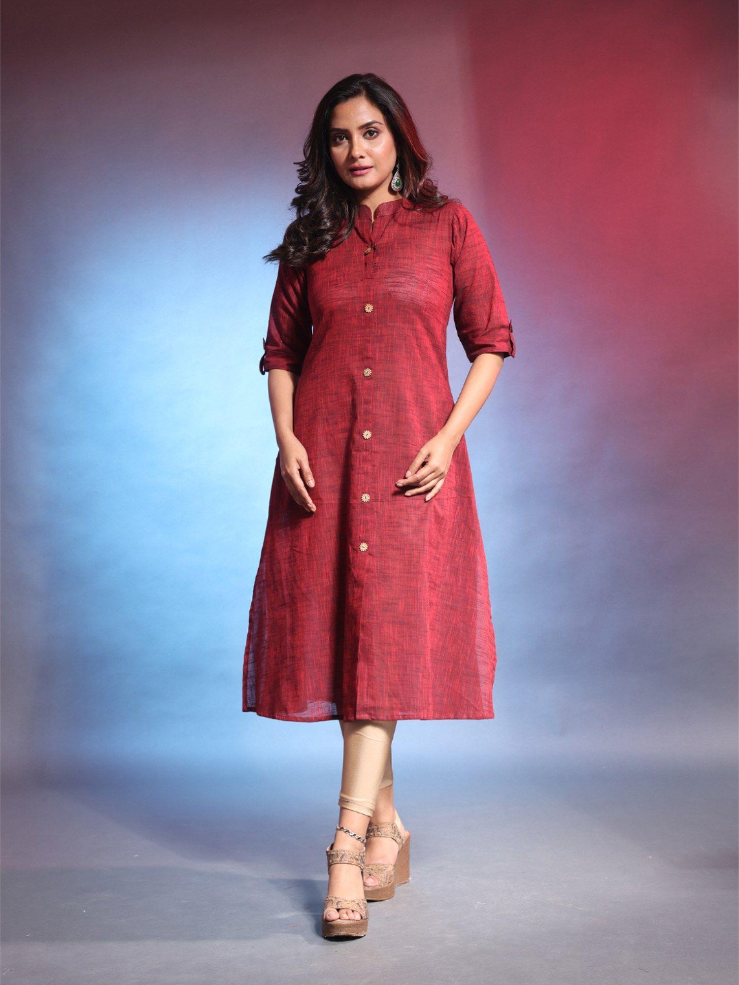 dark red solid cotton a-line kurta