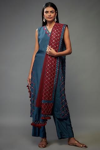 dark sapphire blue bemberg silk mandala embroidered kurta set