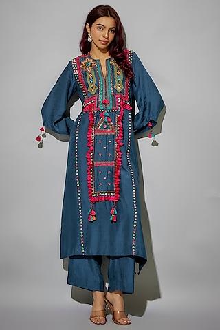 dark sapphire blue bemberg silk thread embroidered kurta set