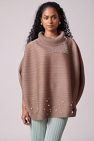 dark taupe polyester pearl embellished top