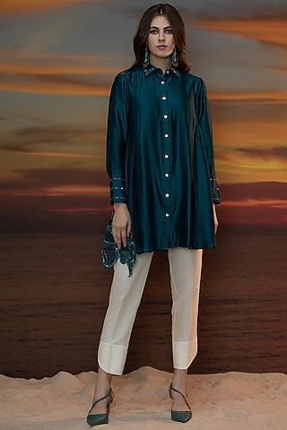 dark teal green hand embroidered pleated tunic set