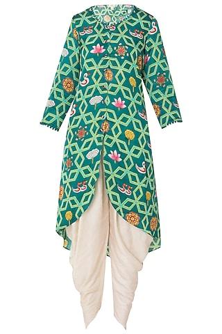 dark teal jaal printed kurta with dhoti pants