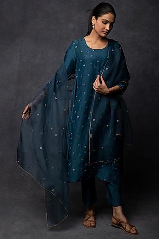 dark teal muslin thread embroidered a-line kurta set