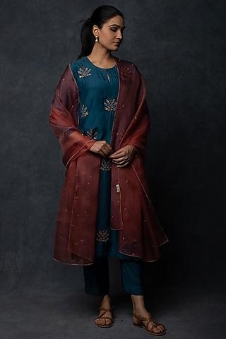 dark teal muslin thread embroidered straight-fit kurta set