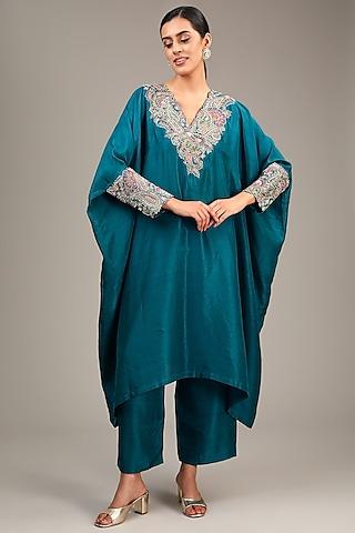 dark teal pure silk zardosi embroidered kaftan set