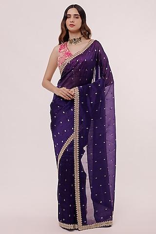 dark violet organza embellished saree set