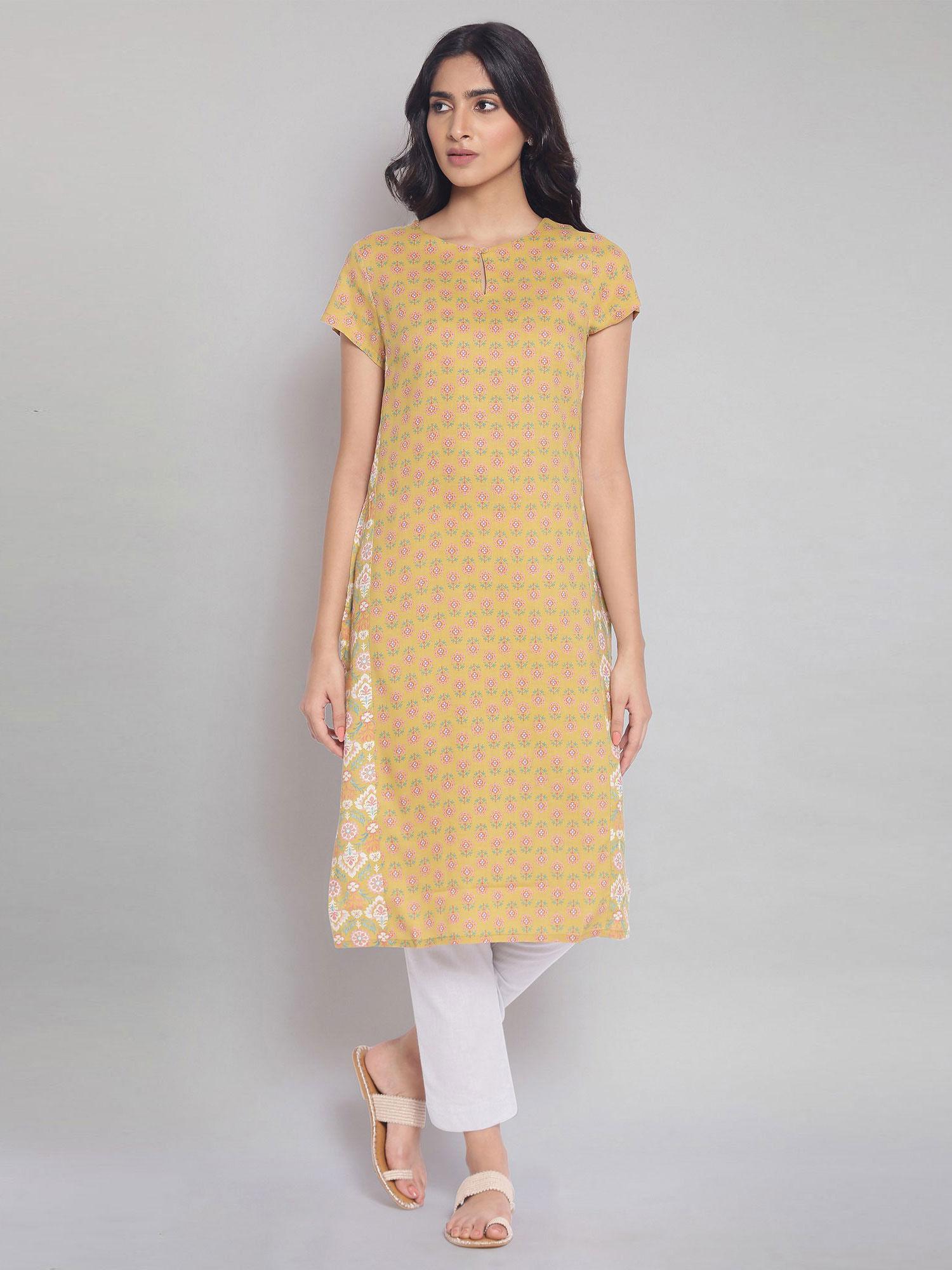 dark yellofloral print kurta