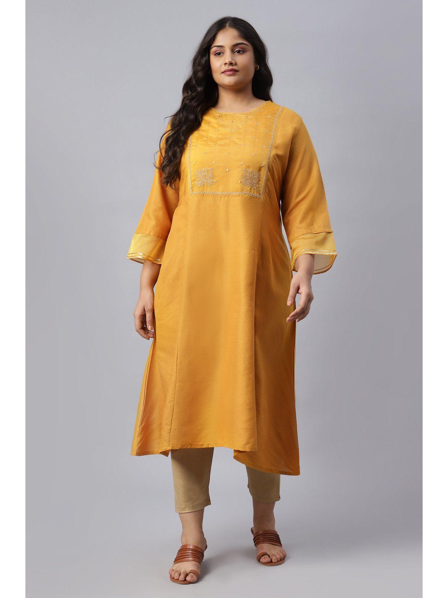 dark yellow a-line embroidered plus size kurta with sequins