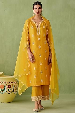 dark yellow silk chanderi resham embroidered kurta set