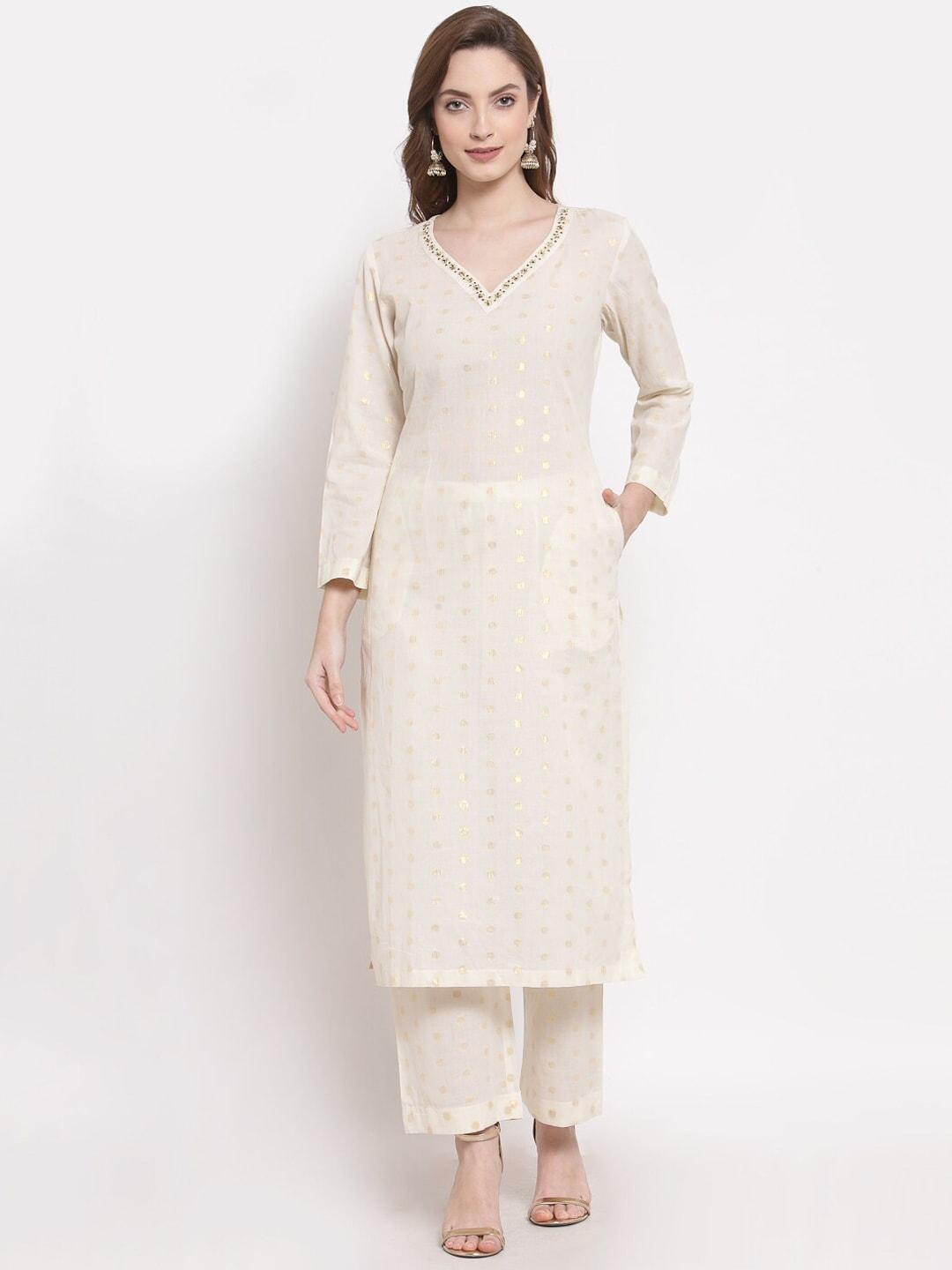dart studio woven design beads and stones work pure cotton kurta with trousers
