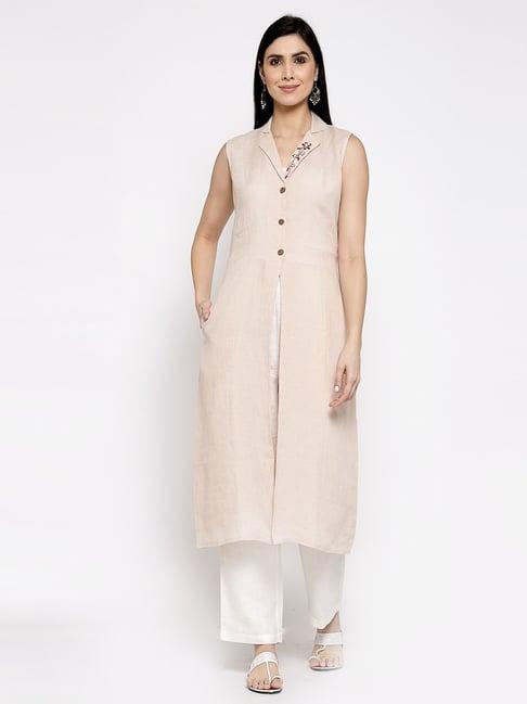 dart studio beige linen embroidered a line kurta