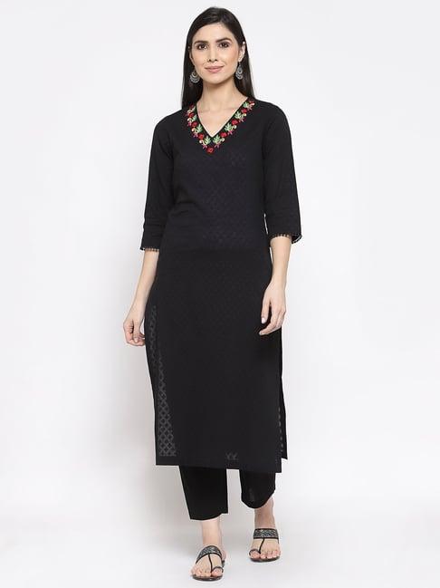 dart studio black cotton embroidered a line kurta