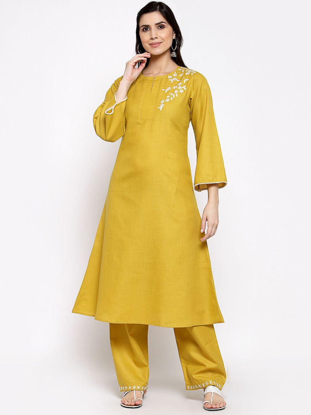 dart studio floral embroidered keyhole neck a-line pure cotton kurta with trousers