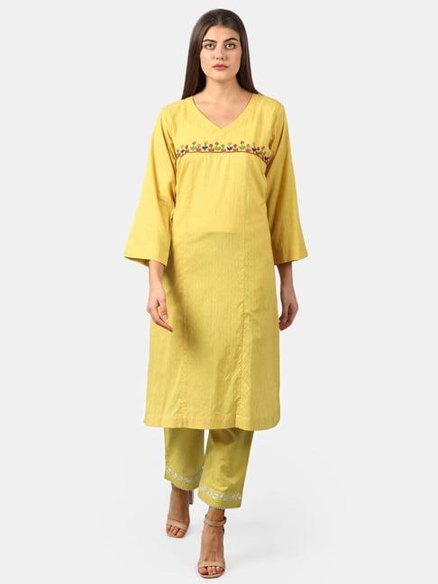 dart studio green cotton embroidered a line kurta