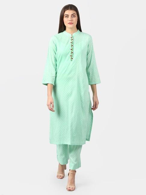 dart studio green cotton embroidered straight kurta