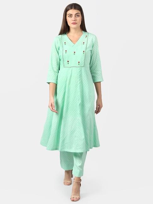 dart studio green cotton embroidered straight kurta