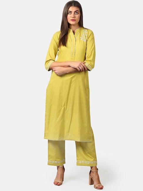 dart studio green cotton embroidered straight kurta