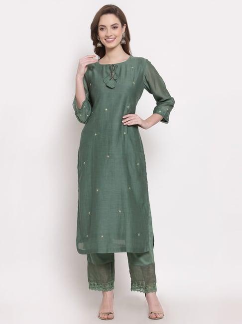 dart studio green embroidered straight kurta