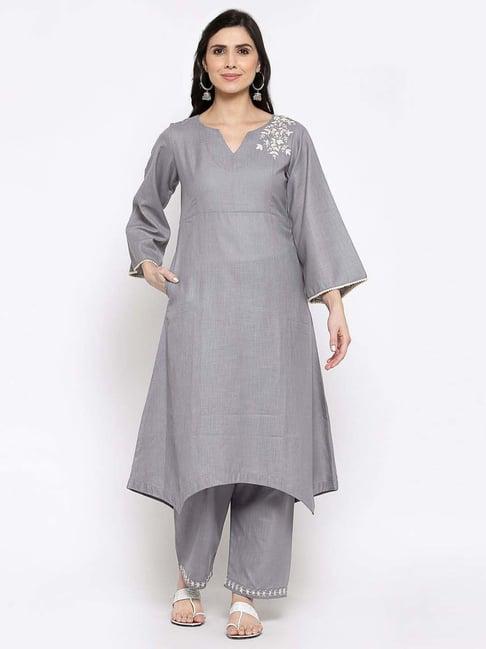 dart studio grey cotton embroidered kurta palazzo set