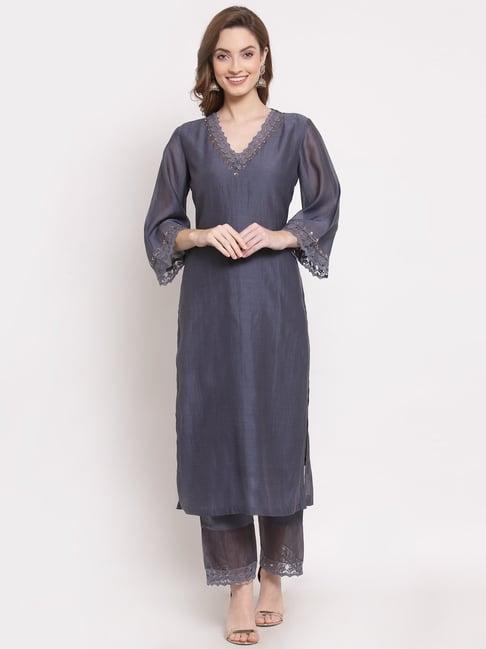 dart studio grey embroidered straight kurta