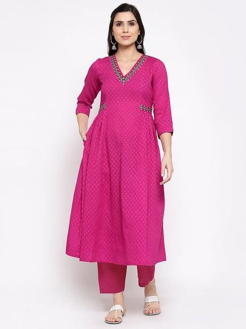 dart studio pink cotton embroidered a line kurta
