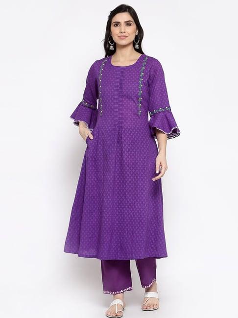 dart studio purple cotton embroidered a line kurta