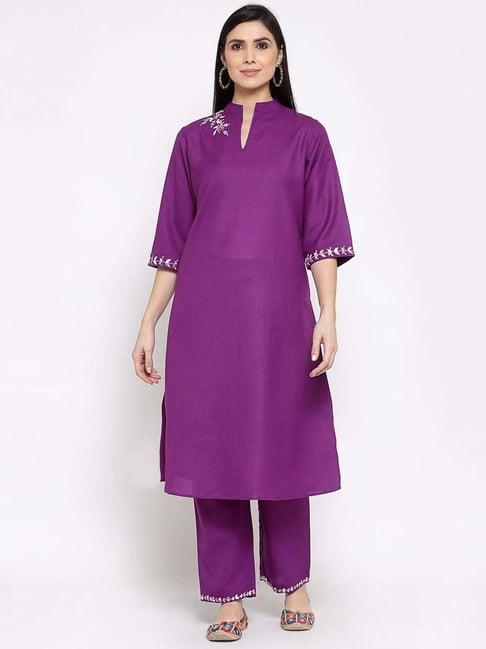 dart studio purple cotton embroidered kurta pant set